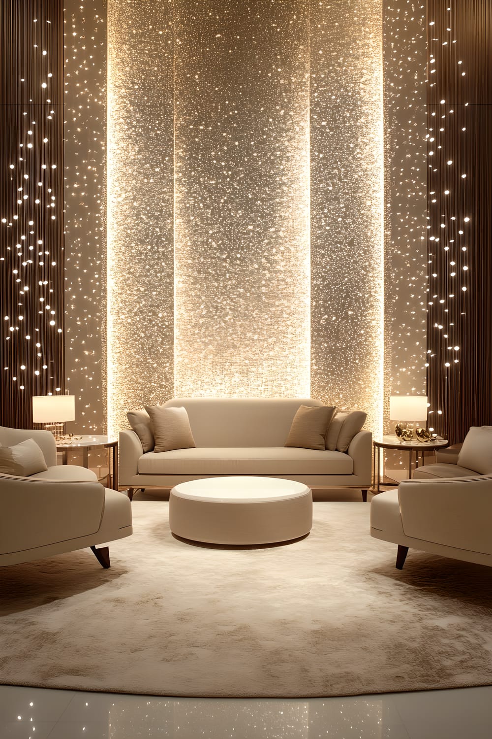 A modern living room styled in minimalist decor with a wall mounted LED light display creating a geometric pattern in soft gold and silver tones. The furniture includes an off-white couch and a contemporary glass coffee table resting on a white shaggy rug scattered with gold confetti. Warm ambient lighting contributes to the inviting and festive atmosphere of the room.