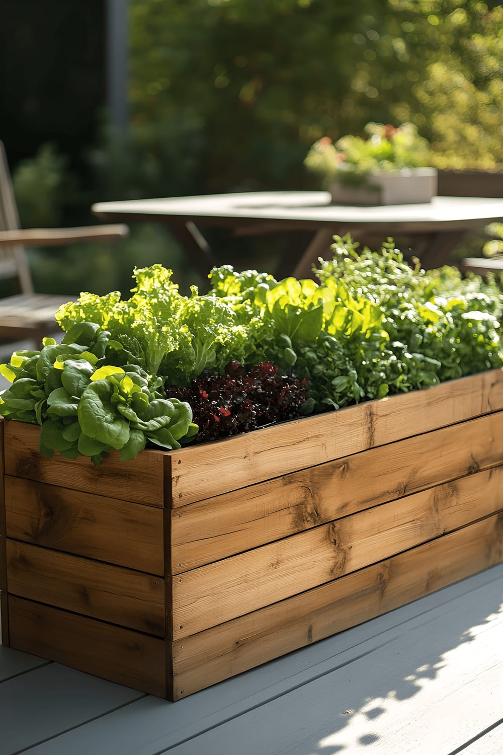 A modern wooden raised planter box filled with varying types of fresh green vegetables such as butter lettuce, romaine, microgreens, and baby spinach is placed on a backyard patio next to a metal bistro table. The planter serves as a compact urban garden, providing a plentiful supply of greens.