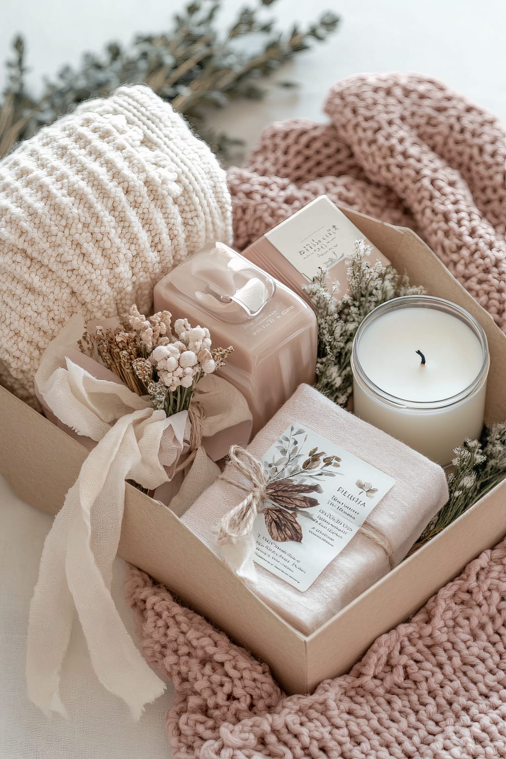 A beige gift box containing a variety of pampering items: a cream-colored knit pillow, a blush pink bottle of liquid soap, a white candle in a glass container, and a natural soap bar. Fresh sprigs of dried flowers adorn the box, which is surrounded by textured pink and cream knit fabrics.