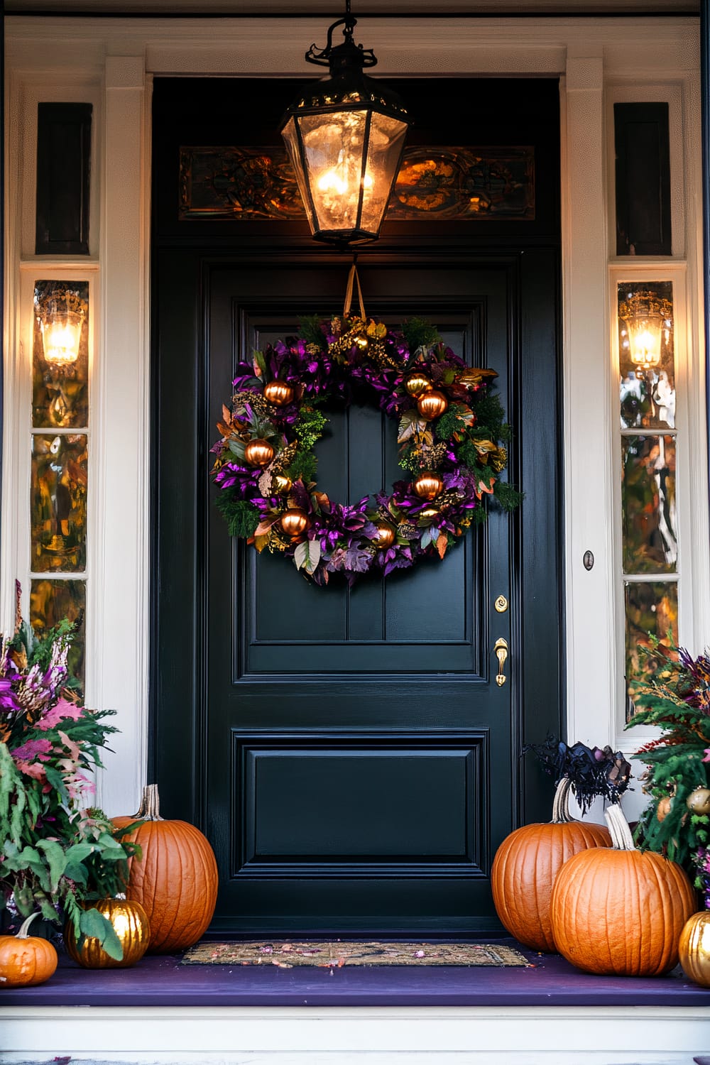 A front porch decorated for Halloween, featuring a black door adorned with a wreath made of purple and green foliage and small orange pumpkins. Two sconces on either side of the door provide warm lighting. Multiple pumpkins, both natural and gold-painted, are placed on the porch, along with clusters of colorful autumn foliage.