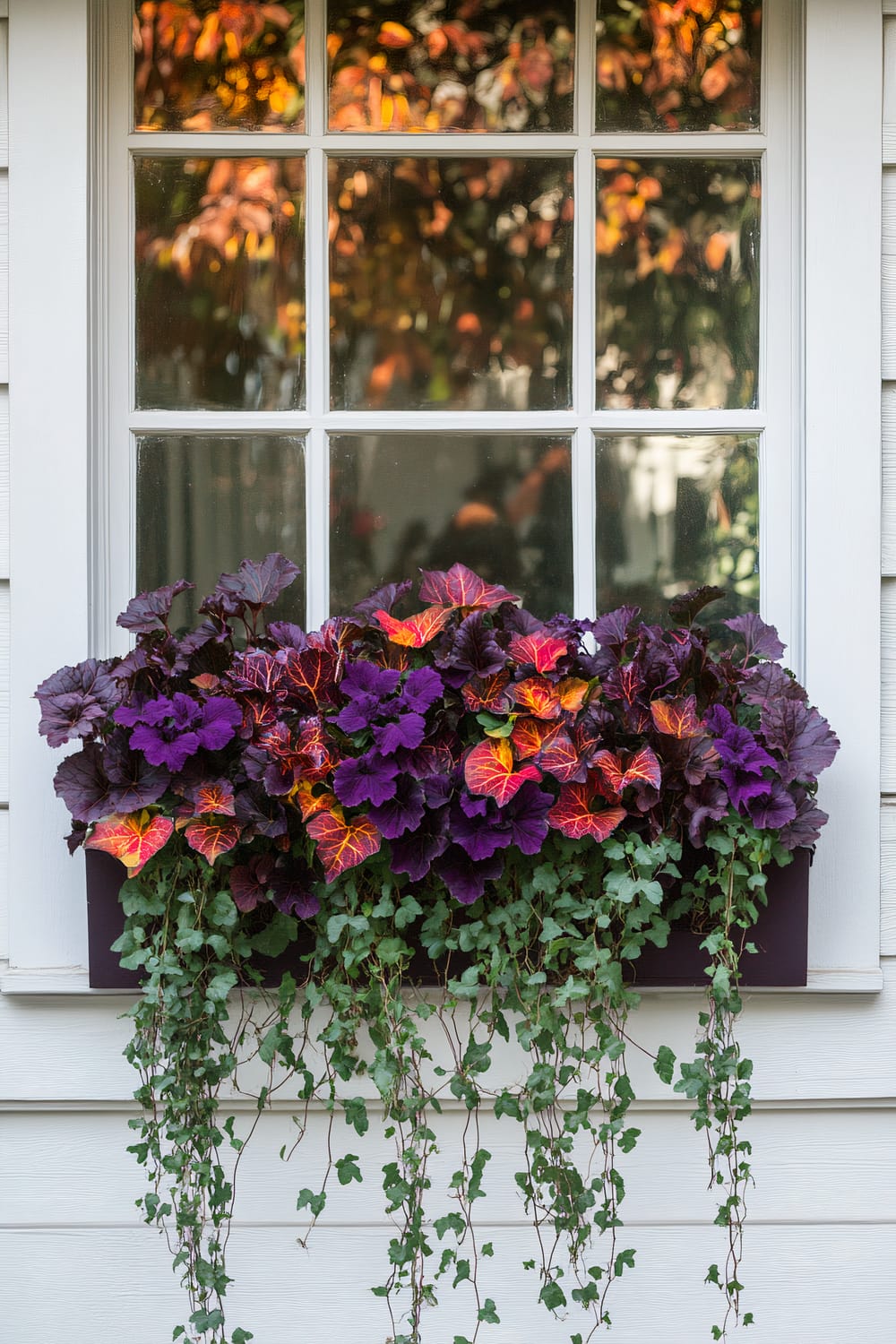 A window box filled with vibrant, colorful plants is mounted below a white-paned window, reflecting the vivid autumn foliage outside. The plants in the box are a mix of dark purple and multi-hued leaves ranging from deep orange to bright red, providing a striking visual contrast. Ivy is trailing gracefully down the sides of the window box, adding texture and creating a lush, cascading effect against the light-colored exterior wall.