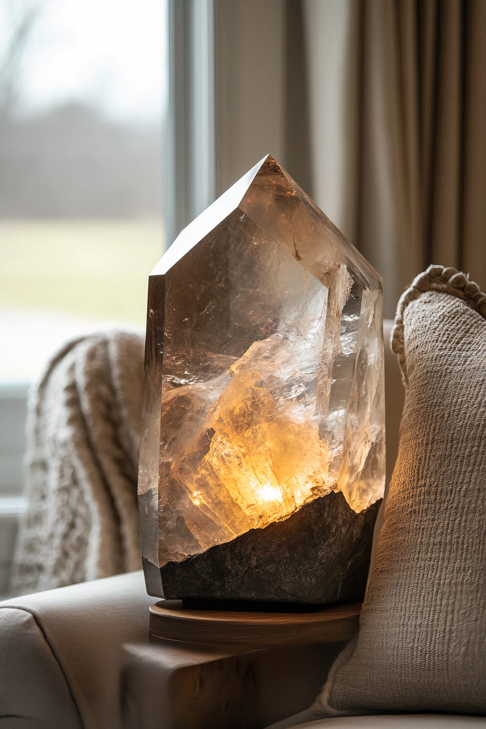 A large, illuminated crystal lamp sits on a wooden side table next to a beige armchair with a textured throw and cushion. The crystal emits a warm amber glow, adding a striking visual element to the cozy reading nook. The background shows a blurred view of a window with beige curtains and a tree-lined yard outside.