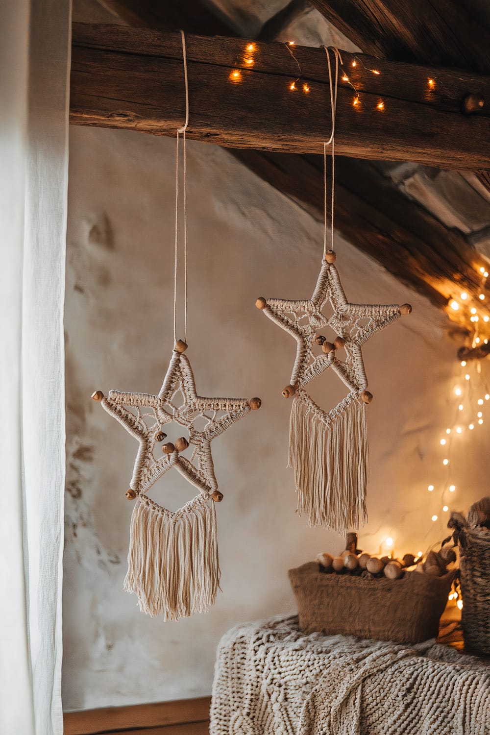 Two handcrafted macramé stars with wooden beads are suspended from a rustic wooden beam, illuminated by warm string lights. The scene includes woven baskets and a knitted blanket in a cozy, dimly lit corner with a soft, white curtain partially visible on the left.