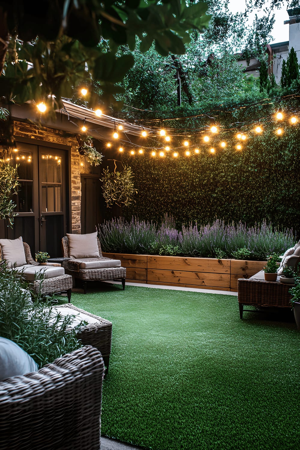 A small, well-organized urban backyard with vibrant green artificial grass. The area features raised wooden garden beds flourishing with rosemary, lavender, and ferns. There are comfortable rattan lounge chairs arranged on the grass, under festoon string lights, creating a relaxing atmosphere. The space is designed to be both modern and easy to maintain, providing a charming outdoor retreat in a compact area.