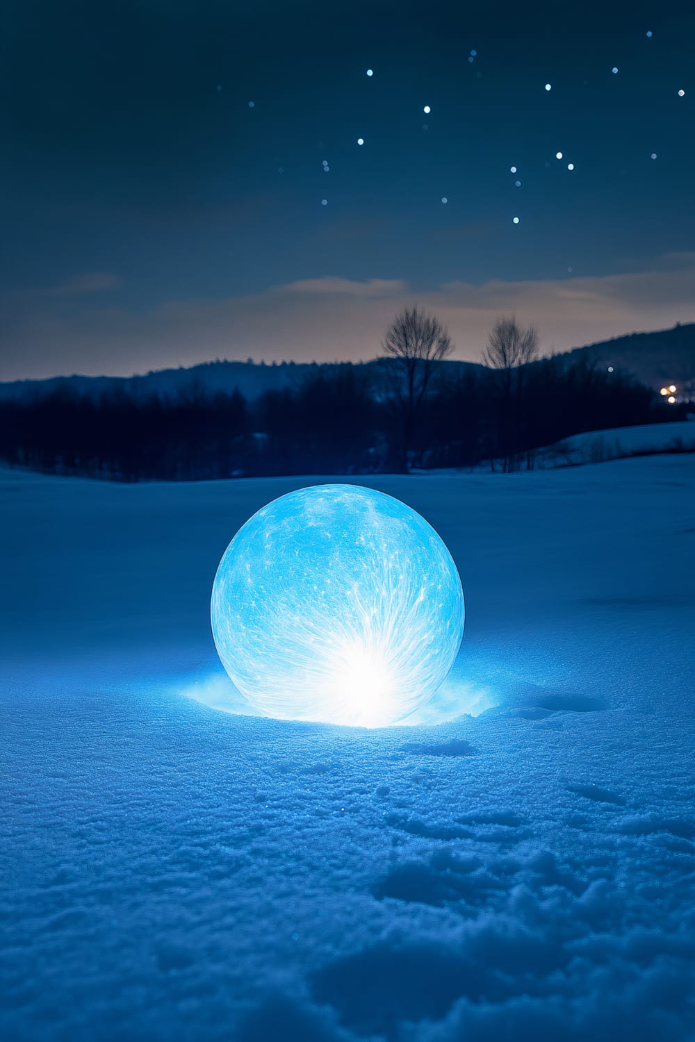 A glowing sphere in a snow-covered landscape under a night sky filled with stars. The light from the sphere illuminates the surrounding snow, casting a blue hue over the scene. Trees and hills are visible in the background, with the horizon subtly lit.