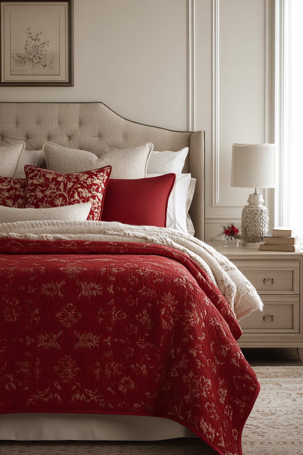 A bedroom interior featuring a light beige tufted headboard and creamy white walls with decorative paneling. The bed is adorned with a red quilt with floral patterns, cream knit throw blankets, and assorted pillows, including red and floral designs. A light-colored nightstand beside the bed holds a lamp with a textured base, stacked books, and a small flower vase.