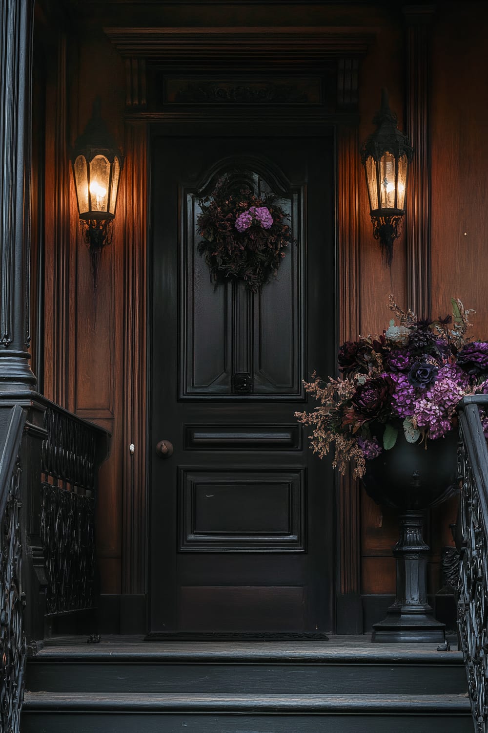 A dark, ornate front door decorated with a wreath made of purple flowers is illuminated by two lantern-style wall sconces on either side. A large urn filled with purple flowers is on the right side of the entrance, creating a gothic ambiance. The entrance features black wrought iron railings and steps leading up to the door.