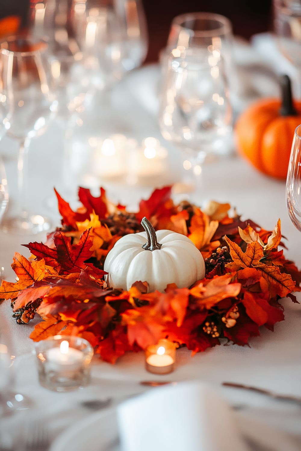 An elegant autumn-themed table setting features a small white pumpkin centerpiece surrounded by vibrant red, orange, and yellow autumn leaves. The table is adorned with glassware, votive candles, and another small pumpkin in the background.