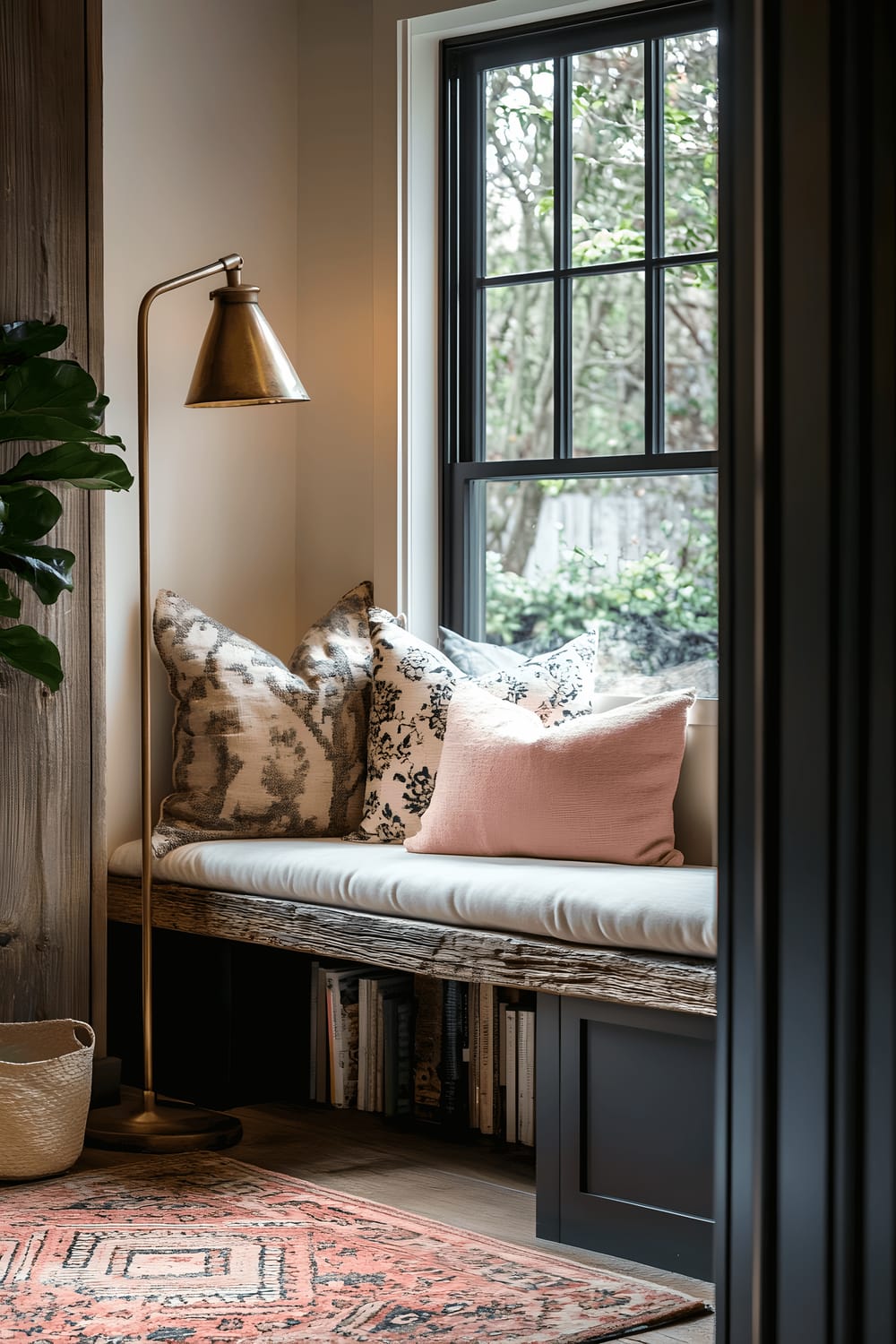 A view through a corner window showing a reading nook with a bench made from reclaimed wood, plump cushions, and a vintage brass floor lamp. The space is invitingly lit by natural light from the window and the soft glow of the lamp.