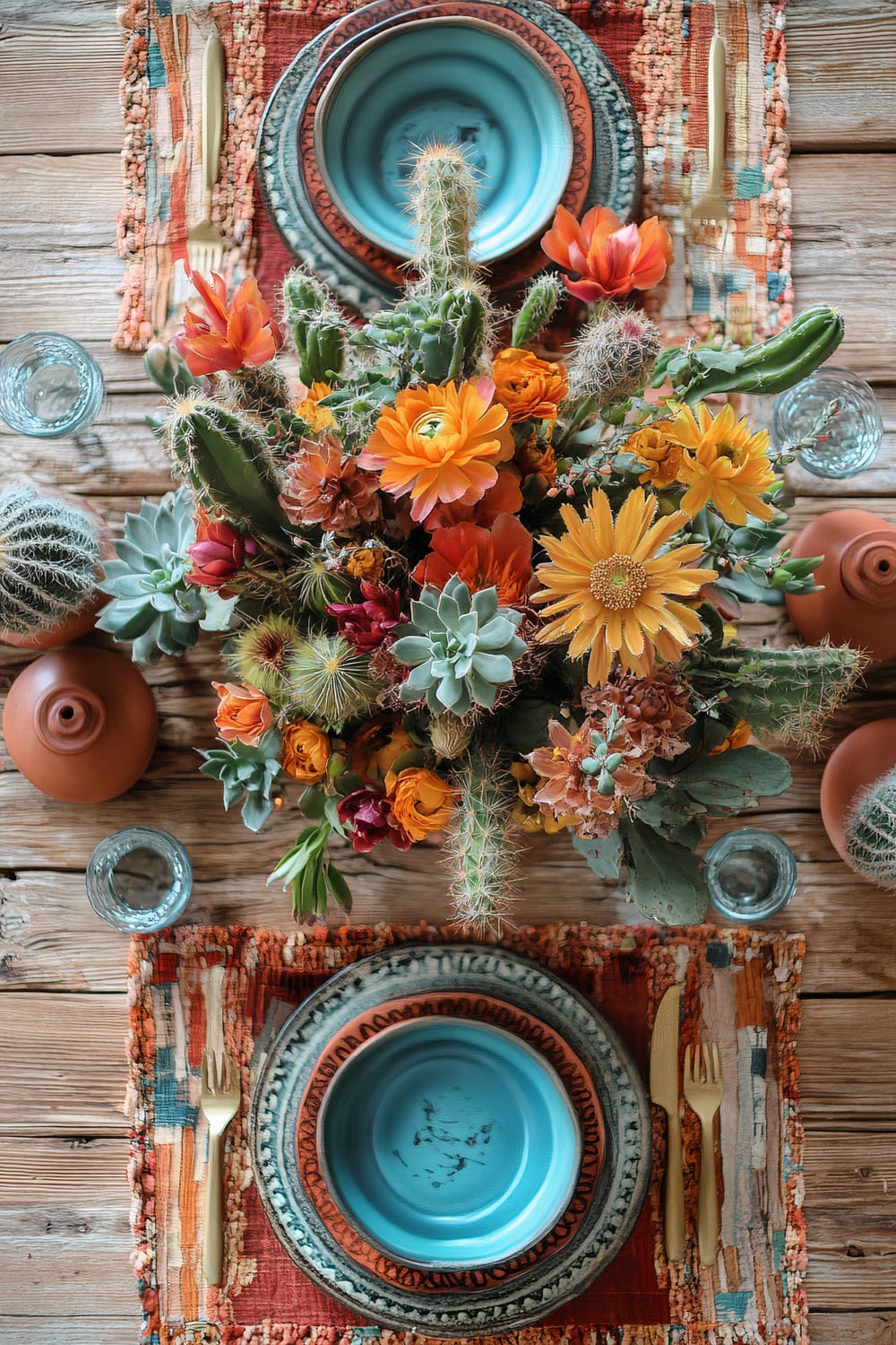 An overhead view of a rustic wooden table set for a meal, featuring a vibrant centerpiece of cacti and flowers in orange, yellow, and red hues. The table includes turquoise plates with intricate designs, gold cutlery, glass drinkware, and earthy, woven placemats in a multicolored pattern.