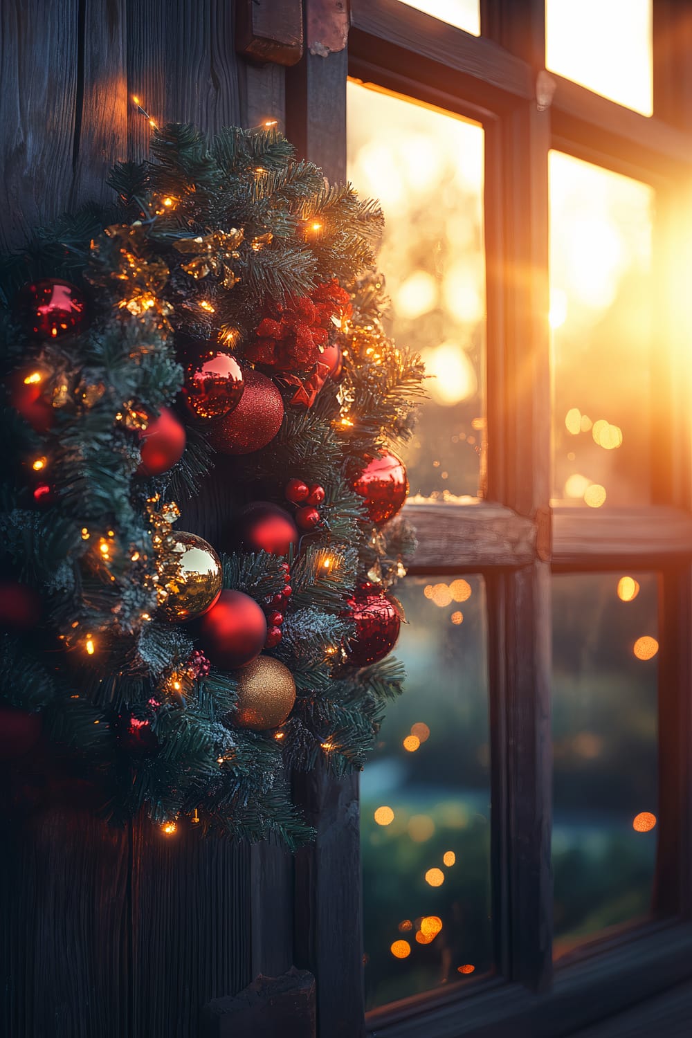 A close-up of a lush evergreen wreath adorned with vibrant red and gold ornaments and illuminated by soft amber fairy lights. The wreath is hanging on a rustic wooden door with a subtly lit garden visible in the background during golden hour.