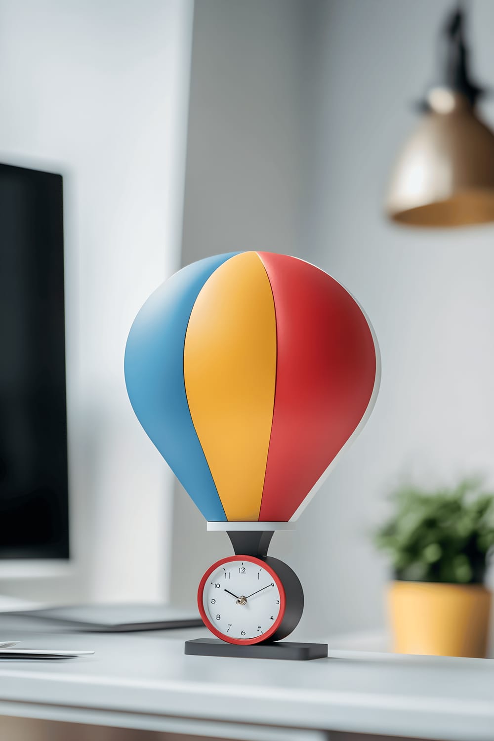 A vibrant hot air balloon shaped desk clock displaying a playful mix of red, blue, and yellow colors, is situated on a sleek white office desk. The minimalist environment subtly emphasizes the clock's bold design while soft overhead lighting further accentuates its intriguing visual appeal.