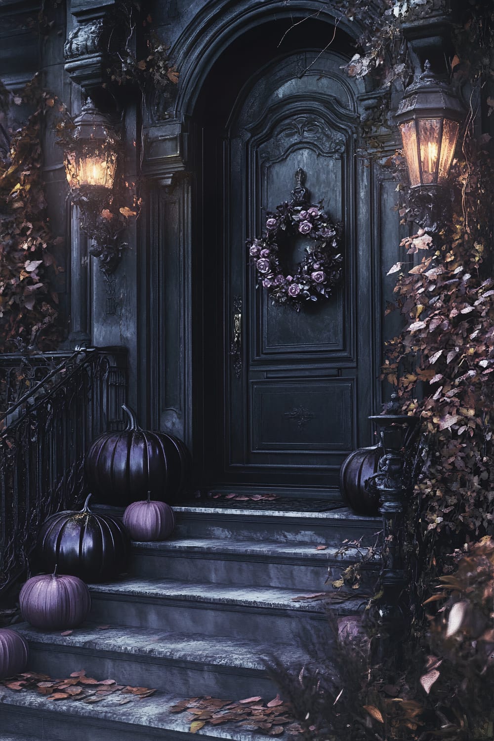 A dimly lit, gothic-style doorway adorned with a dark wreath made of roses. The door, framed by intricate wood designs and lit lanterns, leads up from stone steps scattered with fallen leaves. Purple pumpkins are placed on the steps, adding a mysterious and eerie atmosphere. Dried vines and foliage cling to the walls around the door.