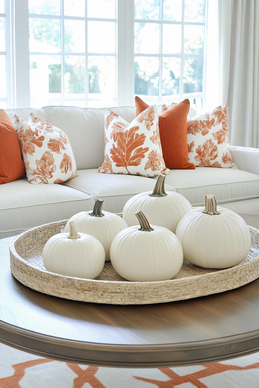 A living room space featuring a round wooden coffee table with a woven tray containing five white decorative pumpkins. In the background is a white couch adorned with several orange and white pillows with botanical prints, placed in front of large windows letting in natural light.