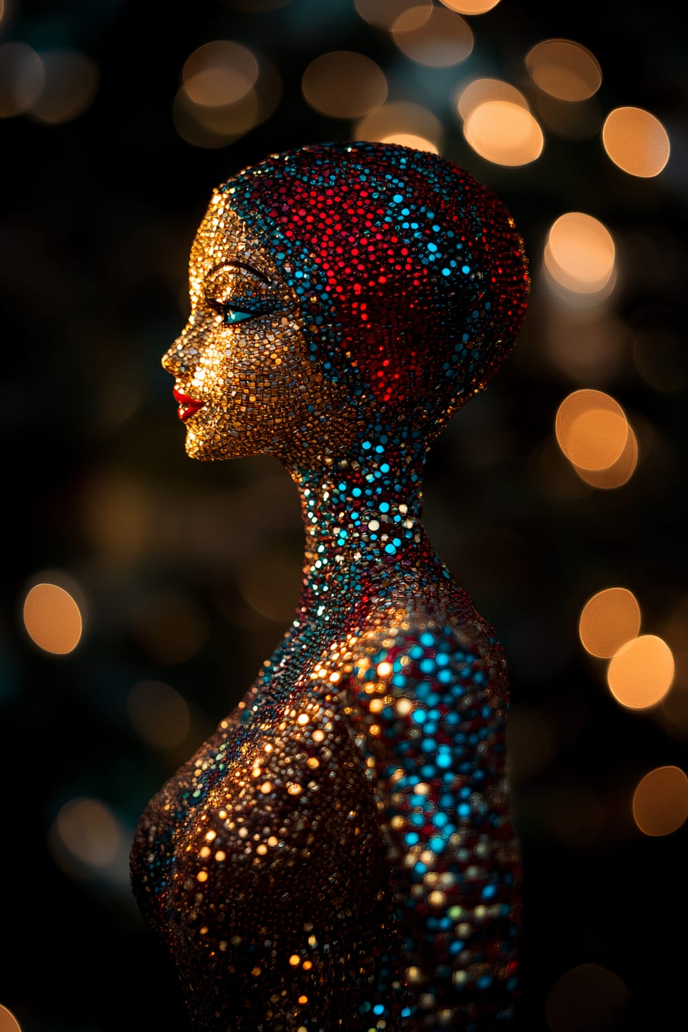 A close-up image of a handcrafted beaded figurine with detailed and shimmering glass beads in vibrant colors of red, gold, and turquoise. The figure is depicted in profile, showcasing a calm and serene expression. The beads create intricate patterns that catch the light, making the figurine glow softly. The background is dark and blurred, making the illuminated beads pop distinctly.