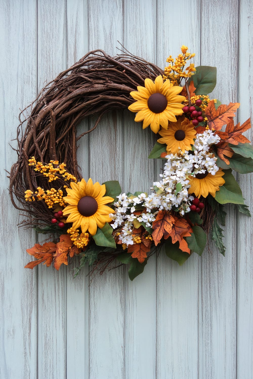 A decorative wreath hanging on a weathered, light-blue wooden wall. The wreath features an array of vibrant artificial flowers and foliage, predominantly composed of large, yellow sunflowers with dark centers, clusters of small yellow berries, white blossoms, and assorted green and autumn-hued leaves, including red and orange maple leaves. This aesthetically arranged display brings a rustic, autumnal charm.