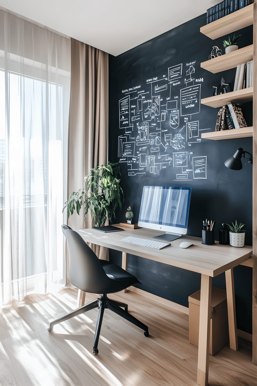 A minimalist Scandinavian-style study room, bathed in natural and soft artificial light. The room features a light gray chalkboard wall adorned with a detailed chalk mind map in white and blue. A white wooden desk and an ergonomic black chair sit in front of the wall. Beside the desk are floating shelves filled with books and various decor items. A large window with sheer curtains lets in abundant light, setting up a serene and focused workspace ambiance.