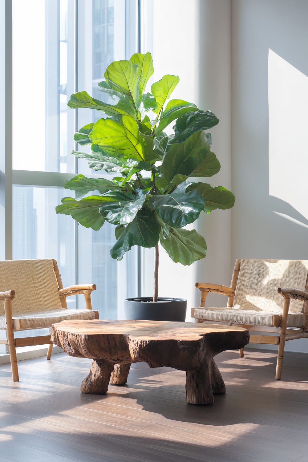 A minimalist living room featuring a reclaimed wood coffee table centered between two bamboo armchairs. A large potted fiddle leaf fig tree in the corner adds greenery. Natural sunlight filters through a large window, illuminating the earthy tones and green accents against a white backdrop.