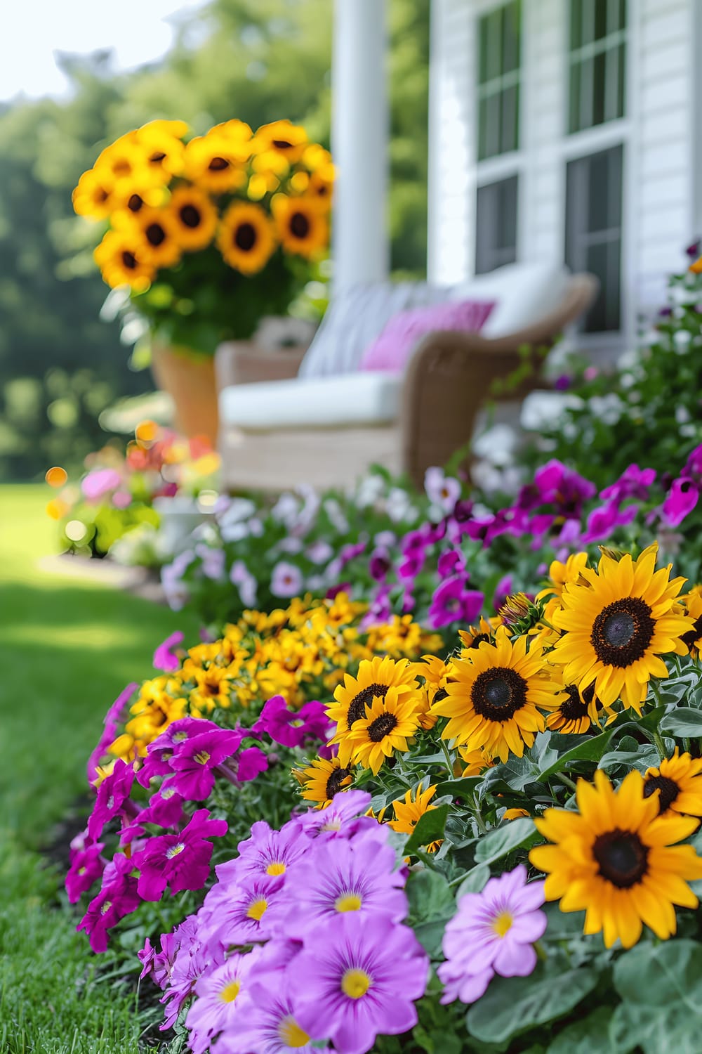 A vivid and lively spring garden in front of a white house, featuring towering bright-yellow sunflowers towards the back. The garden showcases a lush, layered composition with pink petunias, purple asters, and golden coleus. A neatly manicured emerald-green lawn borders the garden. A cozy porch with a wicker chair and a decorative pillow can be seen in the background, supplementing a welcoming aura to the overall scenario.