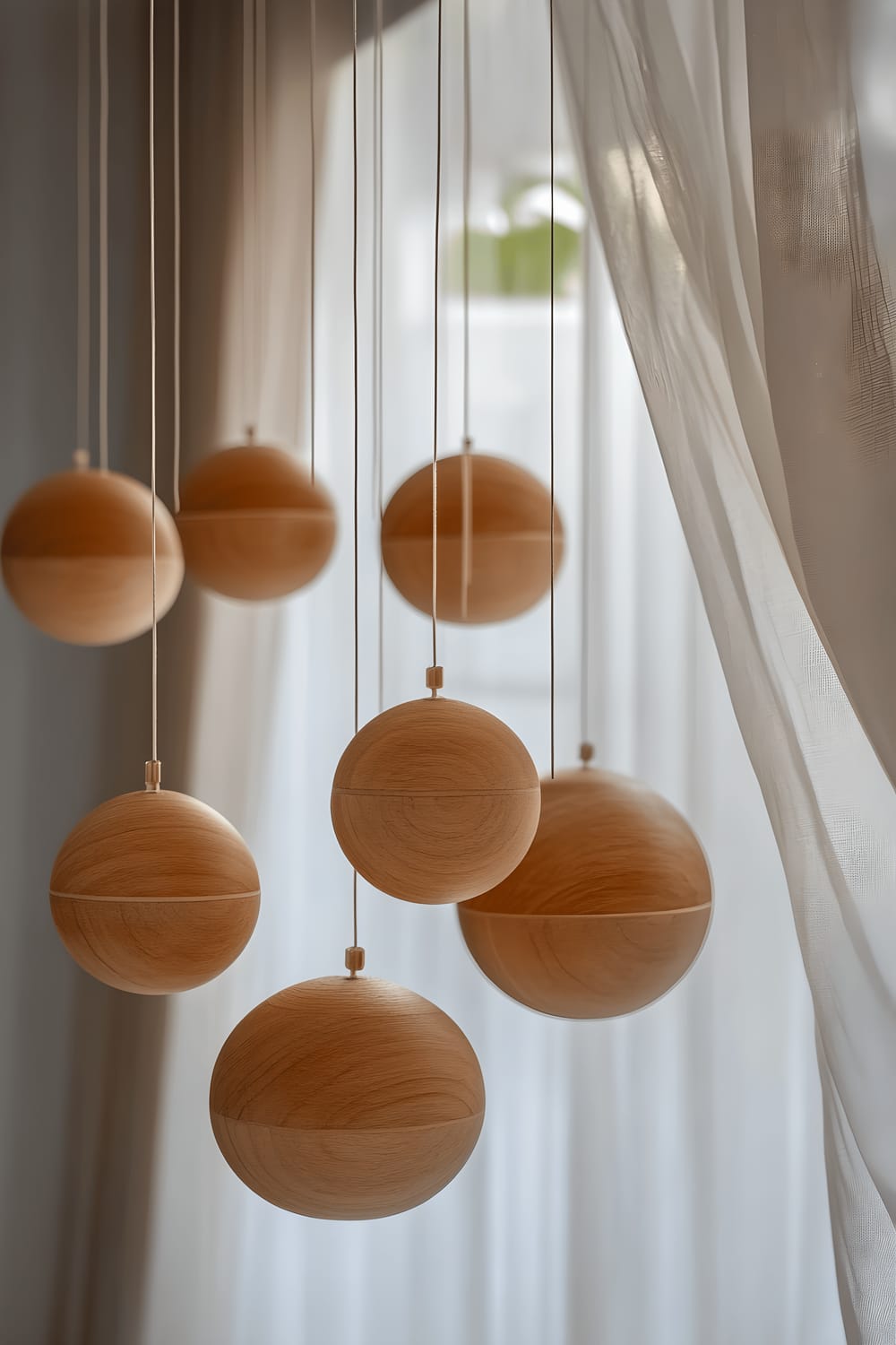 A minimalist room featuring an artistic DIY chandelier made of floating wooden spheres hung asymmetrically from the ceiling. The room's decor is serene with soft muted tones complementing the warmth of the wooden spheres.