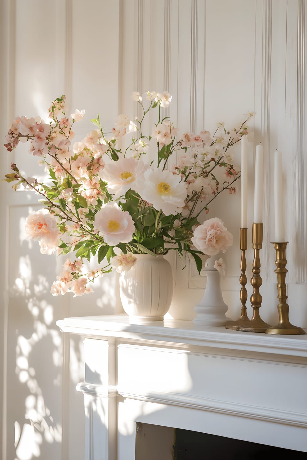 A classic white fireplace mantel is elegantly decorated with a vibrant arrangement of spring flowers including peonies and cherry blossoms in a ceramic vase. Vintage brass candlesticks add a touch of antiquity. The whole tableau is bathed in warm sunlight creating pleasing soft shadows on the walls behind.