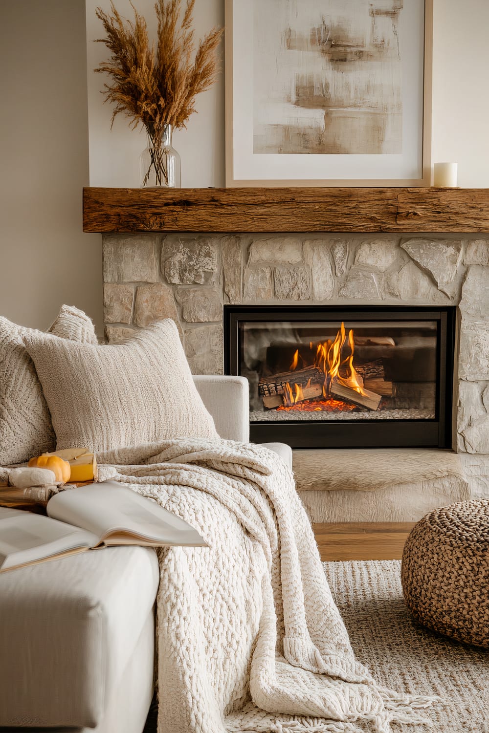 An inviting living room features a stone fireplace with a visible fire burning inside. The fireplace mantel, made of rustic wood, holds a vase with dried pampas grass and a simple white candle. In front of the fireplace, a cozy seating area displays a textured cream throw blanket and matching pillows on a light-colored sofa. A woven pouf and an open book also complement the serene and warm atmosphere.