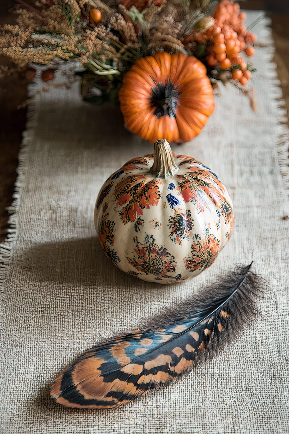 A hand-painted ceramic pumpkin with floral patterns is placed on a neutral linen runner. Next to it lies a single, multicolored feather. In the background, another pumpkin and dried foliage create an autumnal centerpiece.