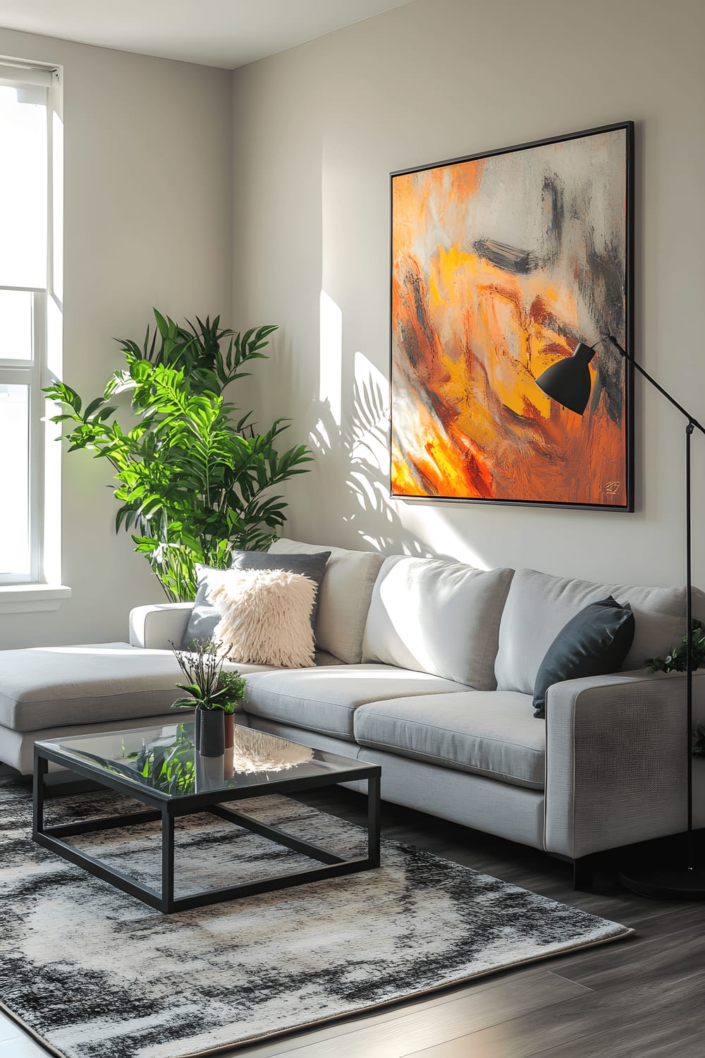 A compact apartment living area with a gray sectional sofa, a glass and metal coffee table, a statement abstract painting on the wall, a slim black floor lamp, and potted plants around. The room is amply lit by natural light pouring in from two windows.