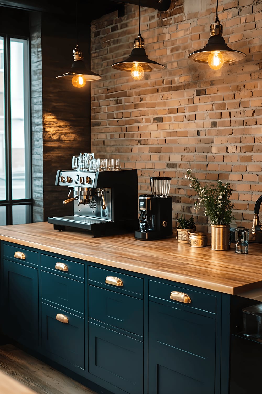 A modern-industrial style kitchen with exposed brick walls. The room features a teal-painted island with wooden countertops and matte black cabinetry. Golden accents from a retro-style faucet and espresso machine add a contrast to the room.