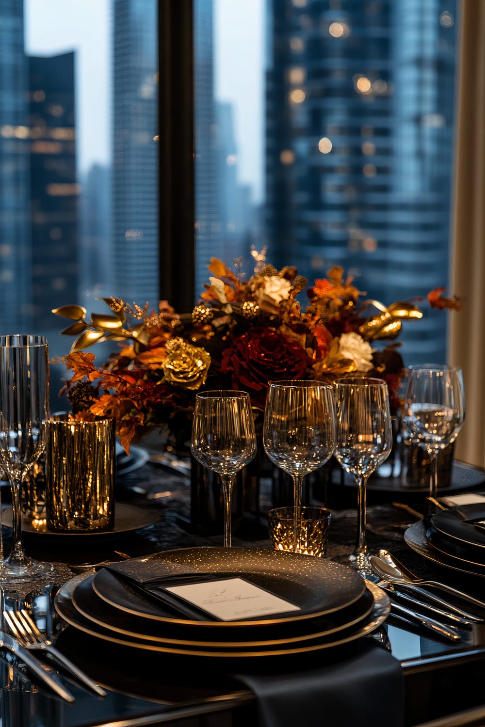 A beautifully set dining table is adorned with elegant dinnerware and glassware, with a floral centerpiece featuring vibrant red, orange, and white flowers. The tableware includes black plates with gold rims, multiple wine glasses, and metallic candle holders. The background features a view of a cityscape with tall buildings.