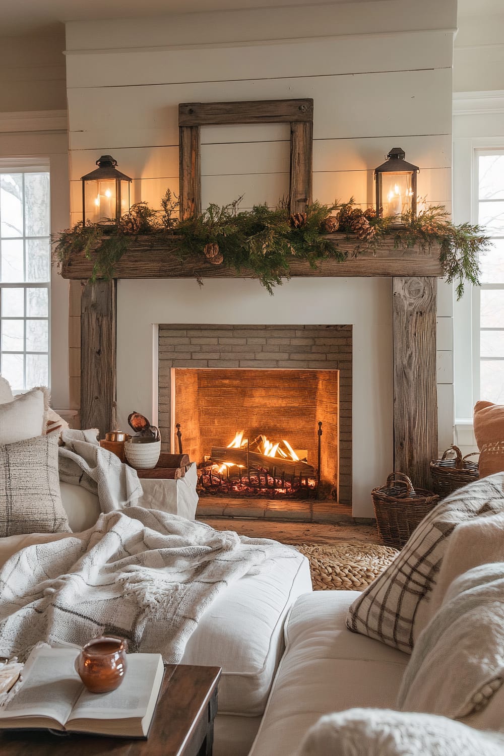 A cozy living room features a glowing fireplace with logs burning. The wooden mantlepiece is decorated with a garland of green foliage and pinecones, flanked by two rustic lanterns with candles. A mirror with a wooden frame is centered above the mantel. A slightly visible white shiplap wall adds texture to the backdrop. In front of the fireplace is a comfortable white sofa with numerous cream and white cushions and a throw blanket draped over it. A wooden coffee table holds a book and a candle. Natural light streams in through windows on either side of the fireplace, enhancing the warmth of the scene.