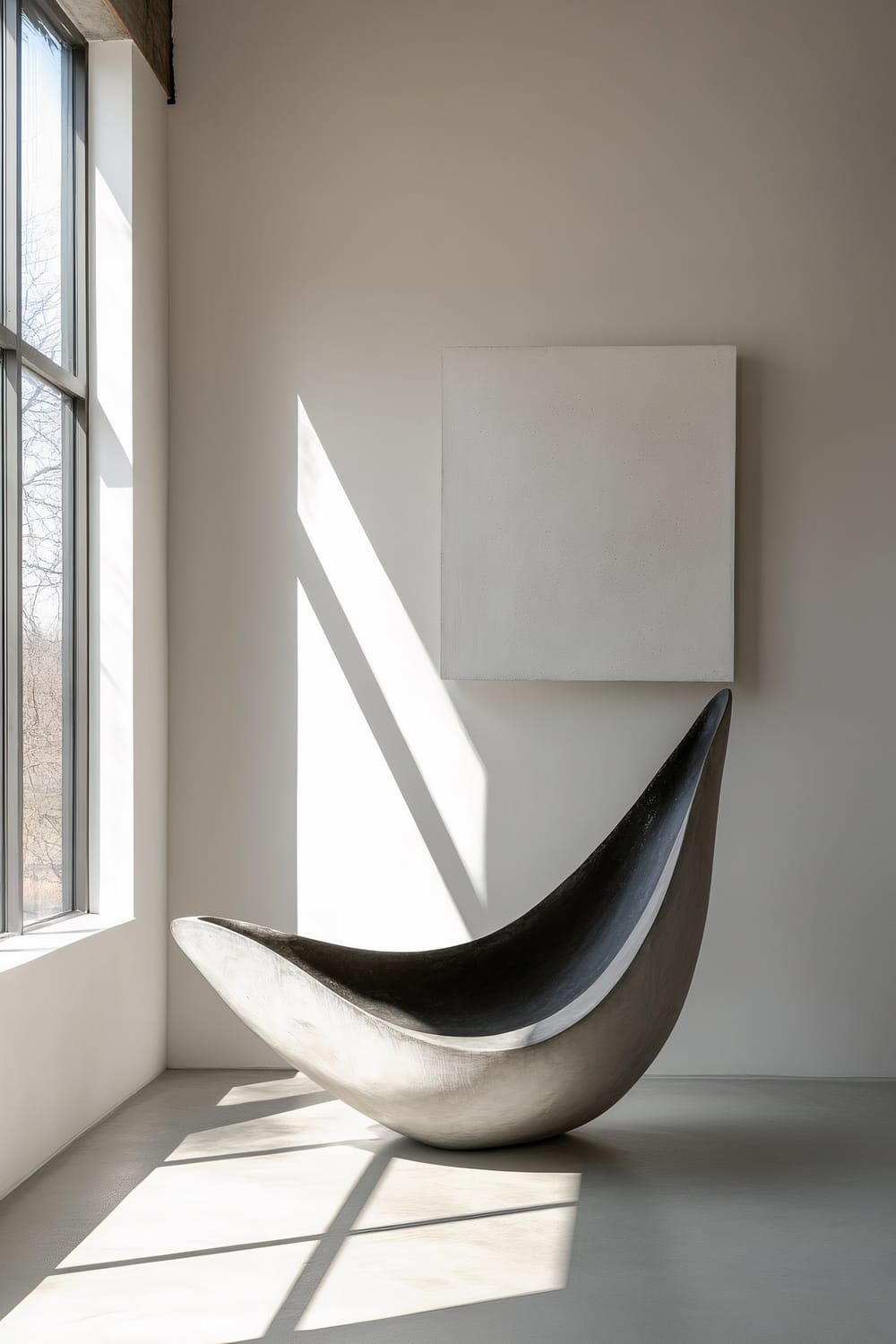 A minimalist loft featuring a sleek, modern sculpture with a large curved base on a plain white wall. Natural sunlight streams in from a window on the left, creating shadows and highlighting the sculpture.