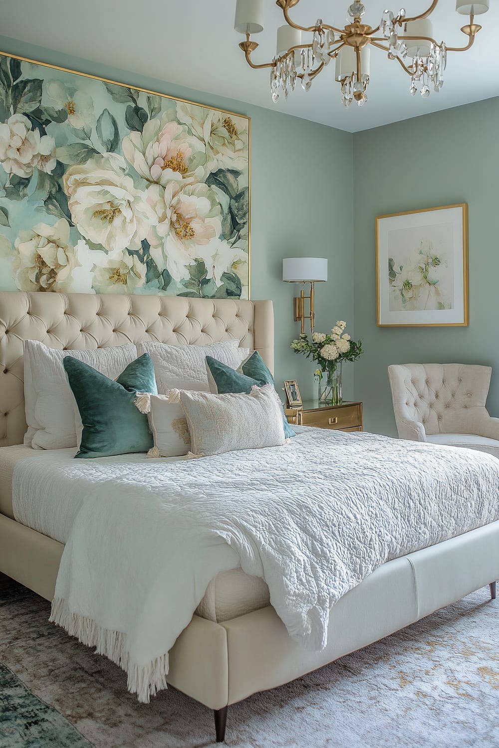 An elegant bedroom features a plush, cream-colored tufted upholstered bed adorned with green and white pillows. Behind the bed, a large statement wall art piece showcases a floral design with soft, muted colors, framed in gold. The bed is dressed in cozy, white bedding with a textured cream throw blanket draped at the foot. A gold side table to the right holds a glass vase with fresh flowers and is topped with a modern lamp with a white shade. Above, a gold chandelier with hanging crystals adds a touch of sophistication. Adjacent to the bed, there is a cushioned chair in a matching cream fabric. The walls are painted in a soft pastel green.