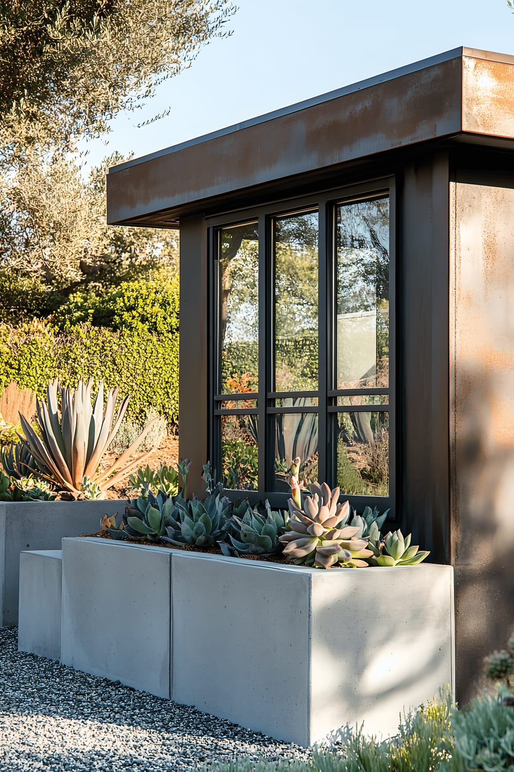 A small, streamlined shed clad in metal features large, industrial-style windows. It is situated in the middle of a minimalist garden arranged with precise concrete planters, each housing a thriving succulent. The garden surface is covered with neatly laid out gravel, and the entire scene is under bright daylight with sharply defined shadows contributing to its edgy aesthetic.