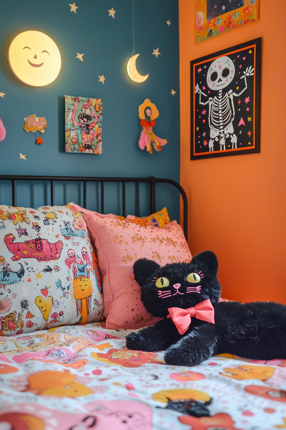 Children's bedroom with vibrant colors. The bed has colorful bedding featuring whimsical illustrations, and a black cat plush toy with a pink bow is placed on top. The wall is divided into two colors: dark blue and orange. The blue wall has a glowing smiling moon and crescent moon, stars, and various colorful decorations. The orange wall displays vibrant framed artwork, including a skeleton.