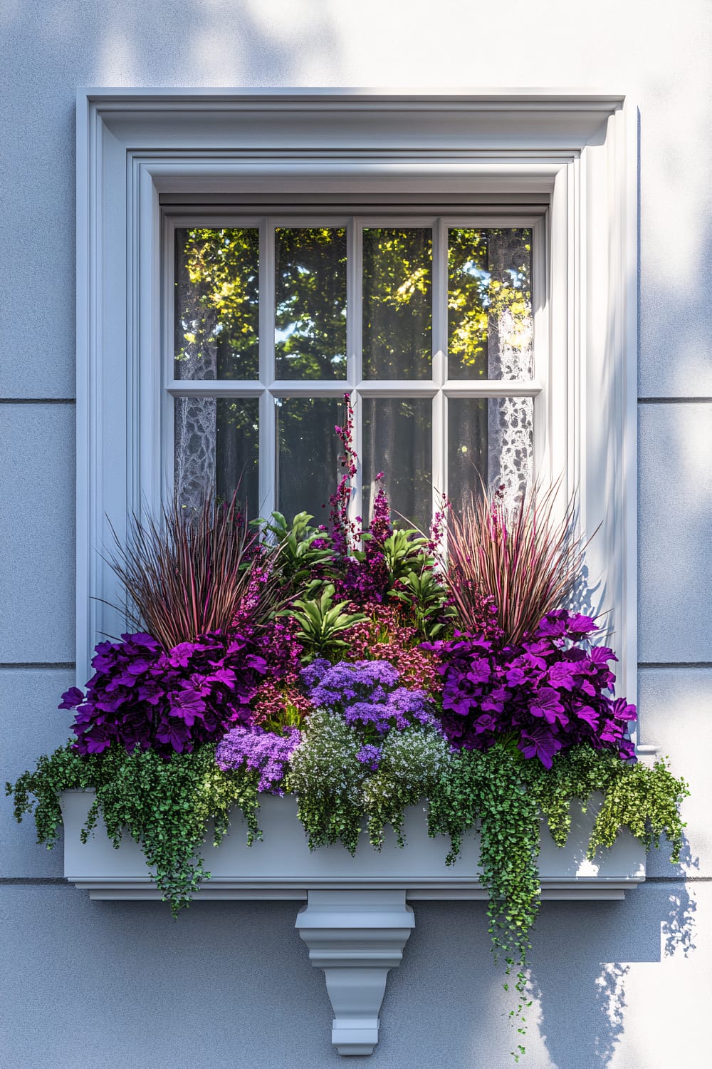 A picturesque scene of a white-framed window adorned with an overflowing flower box. The window has a staircase-like design with numerous small glass panes, partially covered with lace curtains. The vibrant flower box situated below brims with an array of purple and pink blooms, including petunias, alyssum, and ornamental grasses, cascading elegantly over the edge. The background displays a shadow-play of sunlight filtering through trees, adding warmth and depth to the setting.