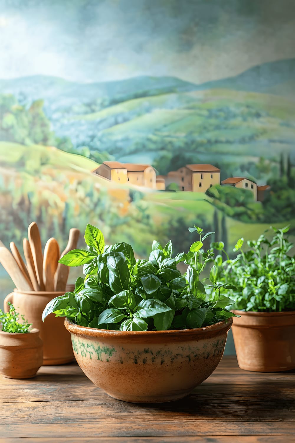 A rustic wooden kitchen table is adorned with a handcrafted ceramic bowl filled with fresh basil, thyme, and mint sprigs. The bowl is surrounded by small ceramic pots and artisan breadsticks. In the background, a vibrant mural depicts a serene Tuscan countryside bathed in the glow of golden-hour lighting.