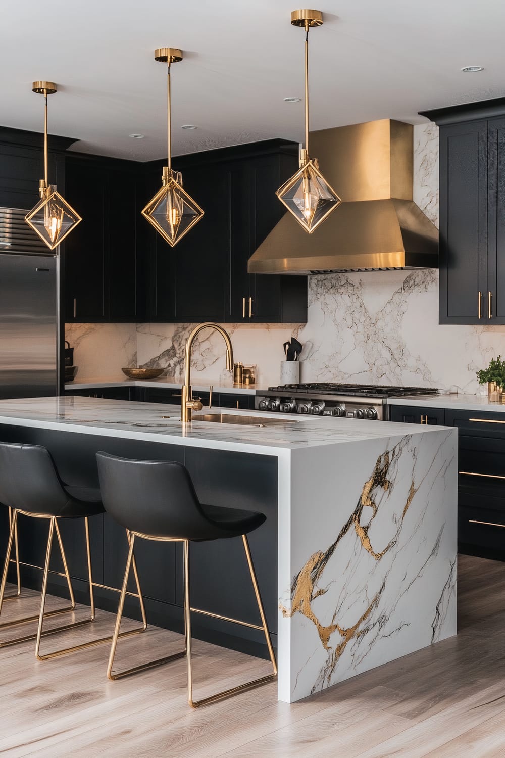 A stylish modern kitchen featuring dark cabinets that create a sharp contrast with a white marble island. The island, adorned with veins of gold and black, includes a built-in sink with a sleek gold faucet. Above the island hang three geometric pendant lights with gold frames, illuminating the space with a warm, elegant glow. The backsplash and stove area also showcase a marble finish, harmonizing with the gold-range hood and matching golden hardware on the cabinets. The floor has a light-hued wooden texture, adding a touch of warmth to the sophisticated, luxurious ambiance.