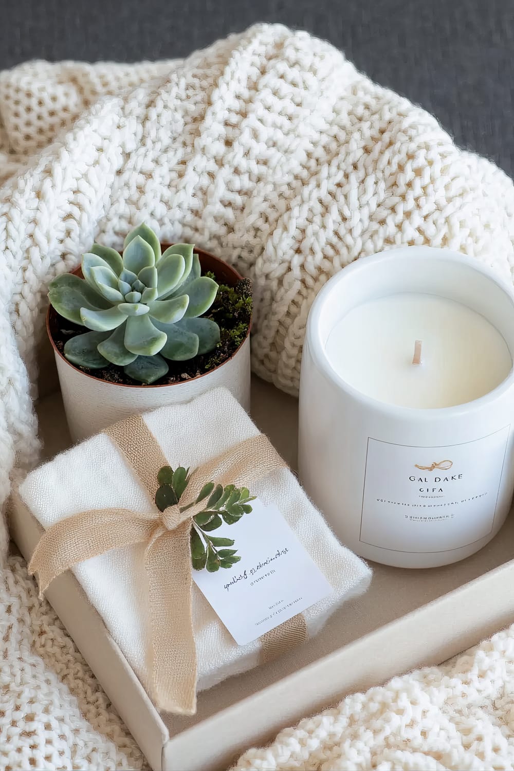 A soft, woven cream-colored blanket surrounds a curated display on a beige tray. On the tray, there's a white cylindrical candle labeled "GAL DAKE CIFFA," a potted succulent with fleshy green leaves, and a neatly wrapped white cloth tied with a beige burlap ribbon and adorned with a small sprig of greenery.