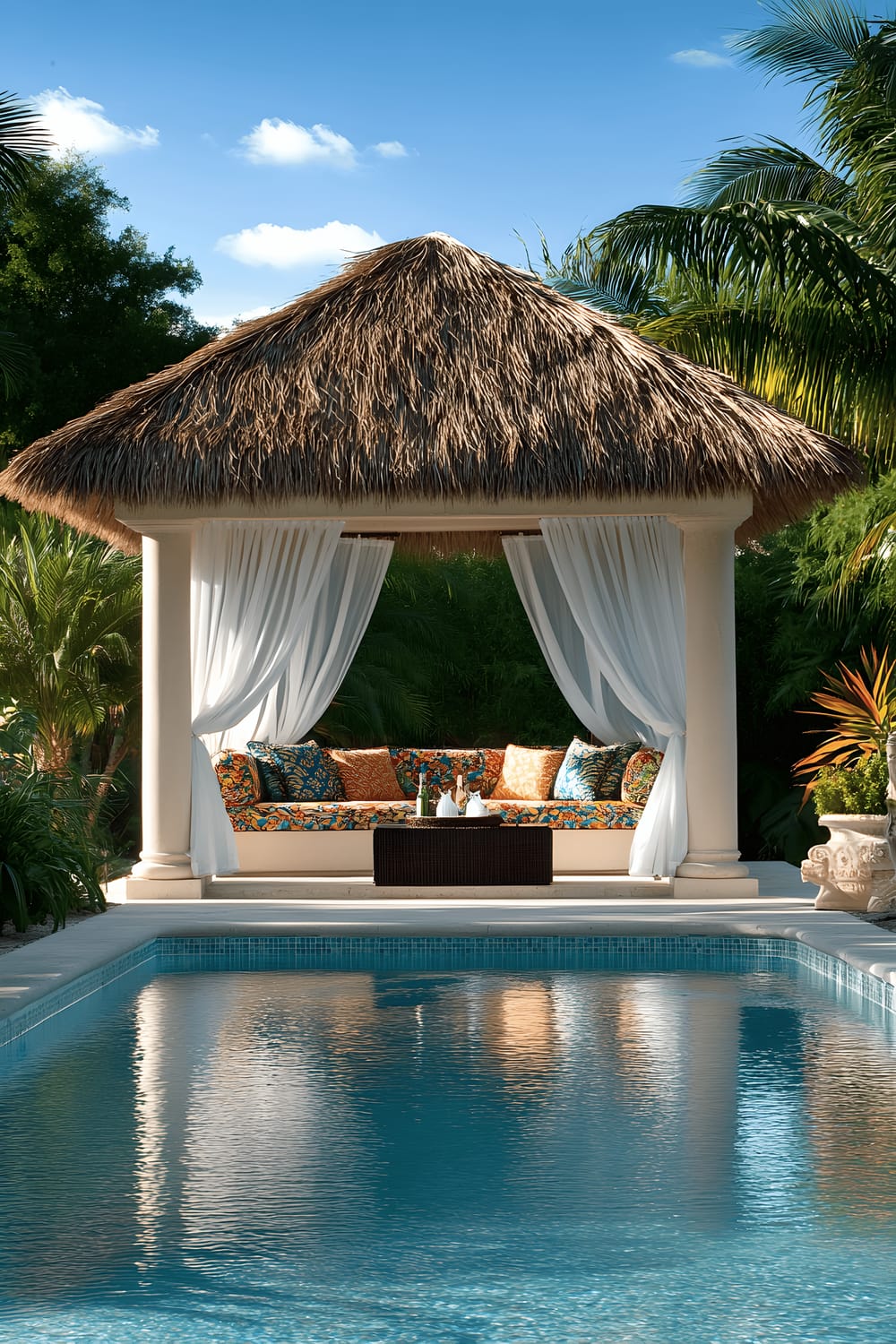 A luxurious tropical cabana rests poolside, surrounded by lush greenery including palm trees. The cabana has a thatched roof and flowing white curtains securing its perimeter. Inside, there are comfortable seats adorned with bright, patterned cushions and a small side table, presumably for refreshments. The scene is captured during late afternoon, emphasizing the serenity and elegance of the environment.