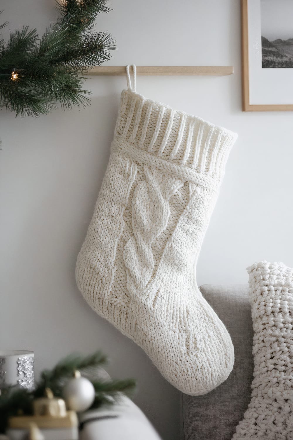 A white knitted Christmas stocking hangs on a minimalist white wall in a Scandinavian living room. The stocking features intricate knitting patterns and is hung beneath some evergreen branches with lights. A knitted throw is visible on the arm of a gray couch, and a few Christmas decorations are on a nearby surface.