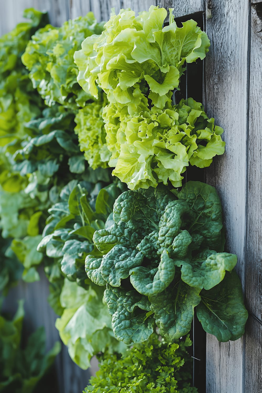 A hanging vertical gutter garden on a wooden fence grows romaine lettuce, trailing nasturtiums, and curly kale, as an innovative and space-saving edible garden design.