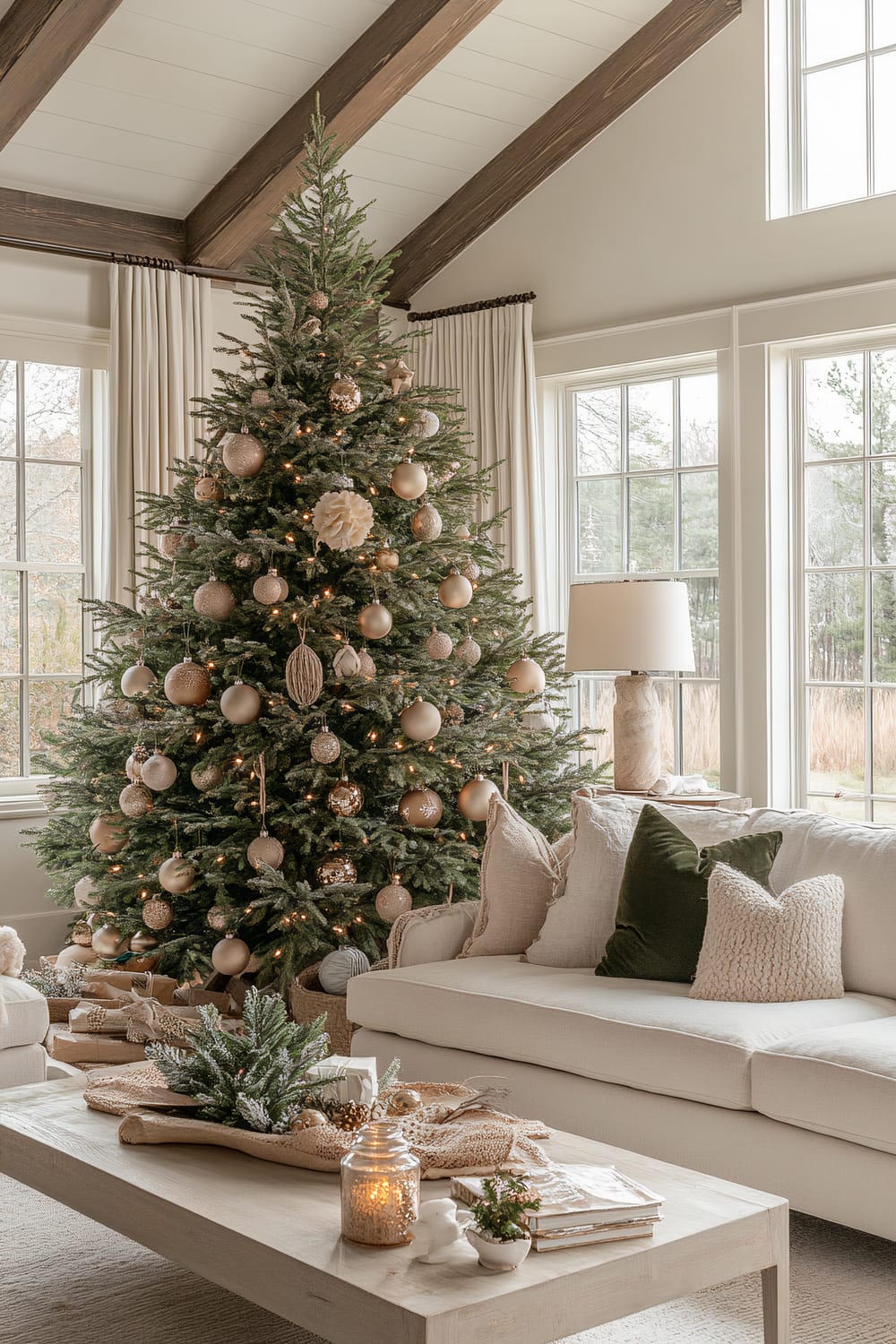 An elegantly decorated living room featuring a large Christmas tree adorned with metallic gold and cream ornaments and warm lights. There is a plush cream-colored sectional sofa with a mix of earthy-textured throw pillows in cream and green. Adjacent to the sofa is a side table with a rustic lamp. The room's natural light pours in through large, white-framed windows, accentuating the high, wooden beamed ceiling. A wooden coffee table holds festive decor, including small greenery arrangements, wrapped gifts, and a lit candle.