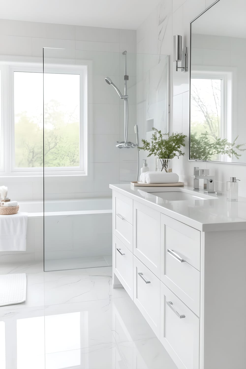 A pristine, bright white contemporary bathroom featuring expansive windows that let in a great deal of natural light. There's a sleek floating vanity, a modern glass shower enclosure, large mirrors and minimalist fixtures with subtle metallic accents for a clean, elegant aesthetic.