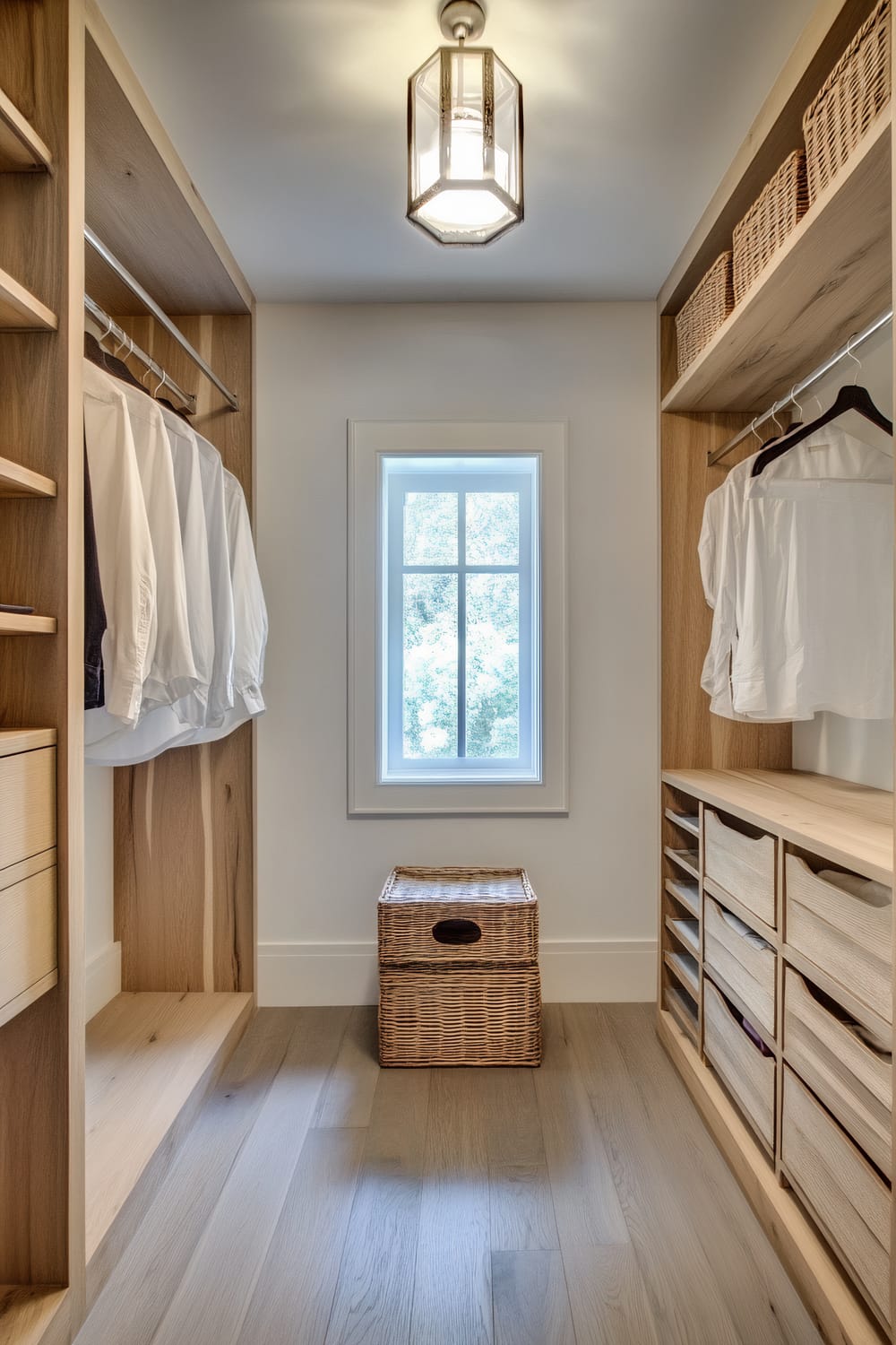 A small walk-in closet featuring wooden shelves and compartments, a small window, a wicker storage basket, and a modern light fixture on the ceiling.