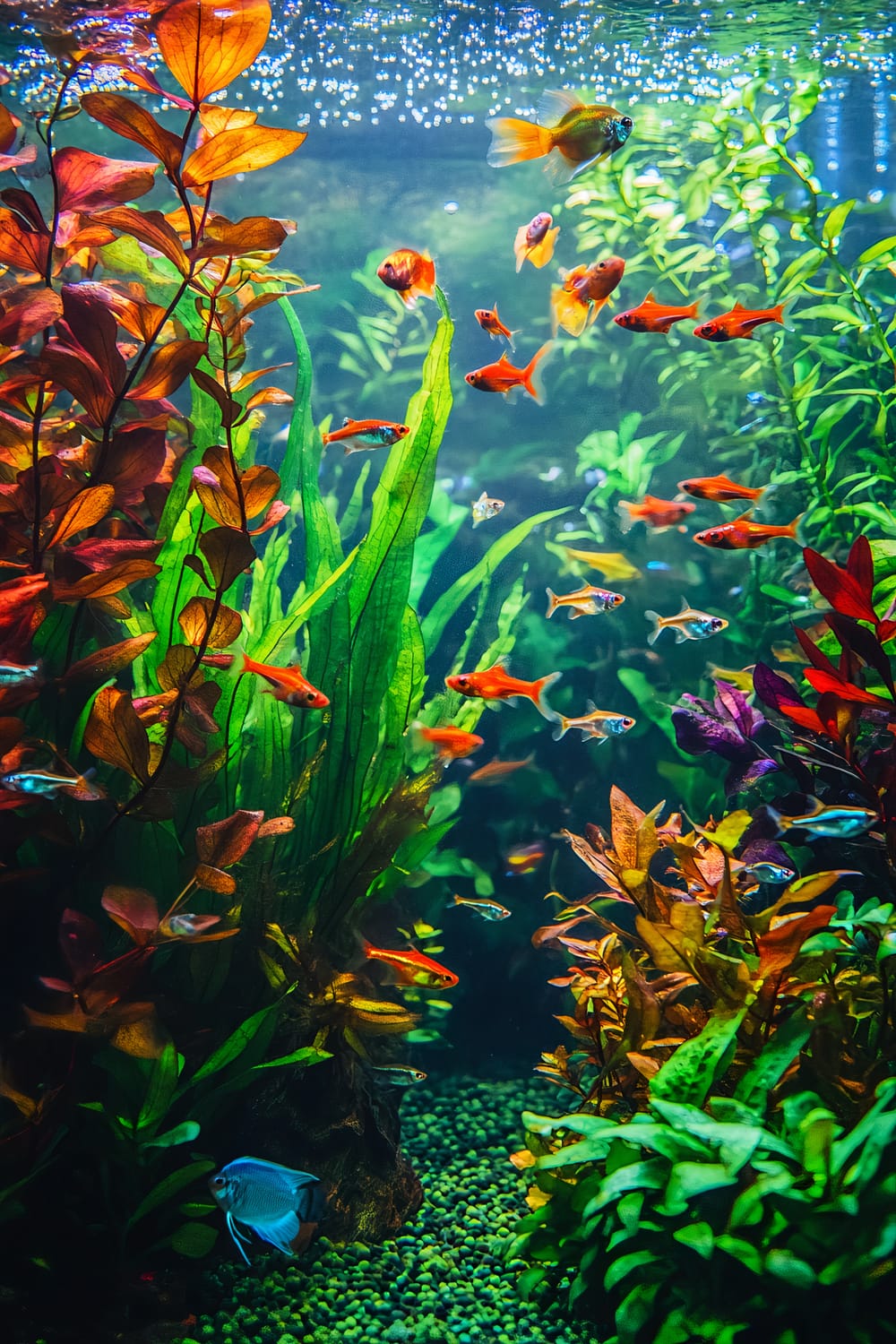 A vibrant fish tank viewed at a 45-degree angle features a lush tapestry of colorful aquatic plants including tall green elodea and red ludwigia. The tank is populated by various species of fish such as neon tetras, bright red cichlids, and silver mollies, creating a dynamic and vivid scene against the green backdrop of the plants.