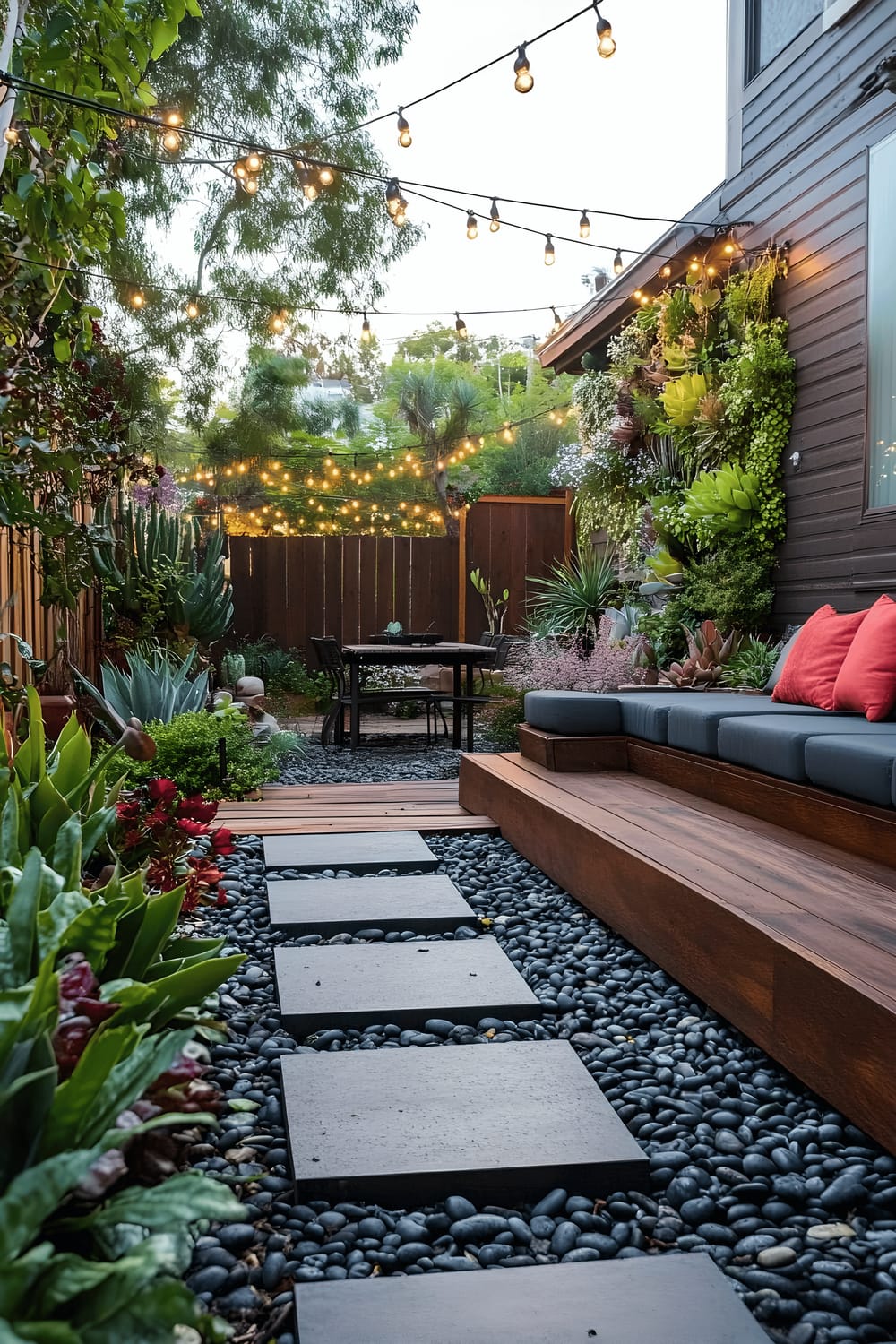 A small serene backyard oasis with a modern wooden deck featuring built-in seating with soft grey cushions. The garden showcase includes vertical green walls with hanging succulents and vibrant flowering accents. A pathway with smooth stone stepping tiles is surrounded by black pebbles and diverse greenery, including cacti, ferns, and other succulents. Warm ambient string lights are strung across the space, complementing the soft daylight.