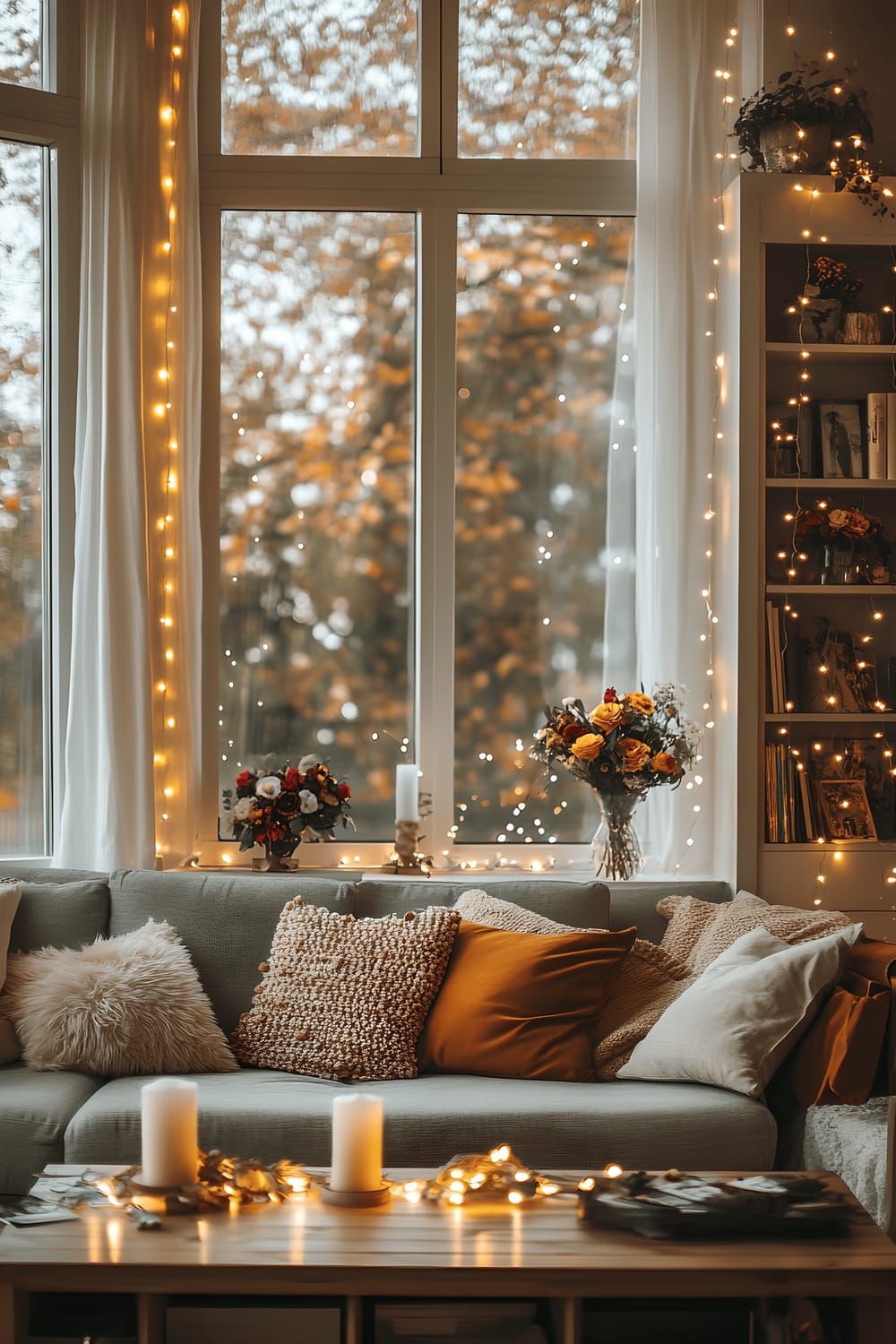 A lively living room brimming with personality, featuring a gray sofa filled with colorful pillows, fairy lights gracing window frames and a bookshelf, a wooden coffee table adorned with fresh flowers and candles while a photo booth corner structured with a floral backdrop and props offer an entertaining touch.