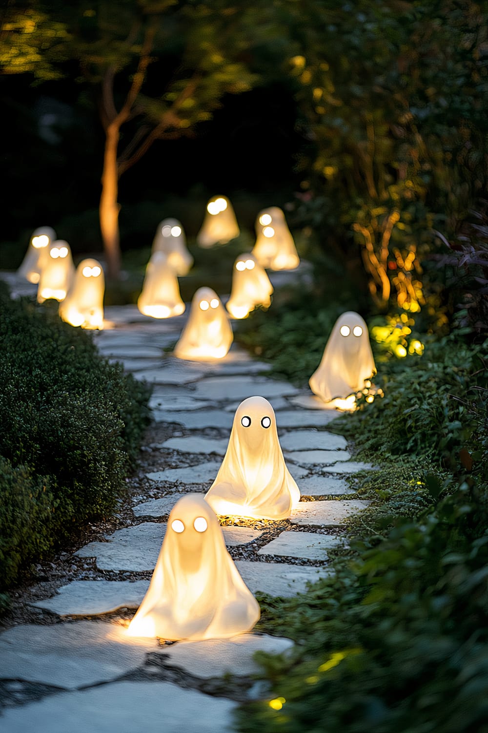 An outdoor garden decorated with numerous small, lifelike ghost statues, each glowing softly from within. The ghosts are positioned along a stone pathway surrounded by minimalistic dark green foliage and sparse vegetation. The ghosts have round, glowing eyes and are subtly illuminated by hidden ground lights, creating an eerie yet charming scene.