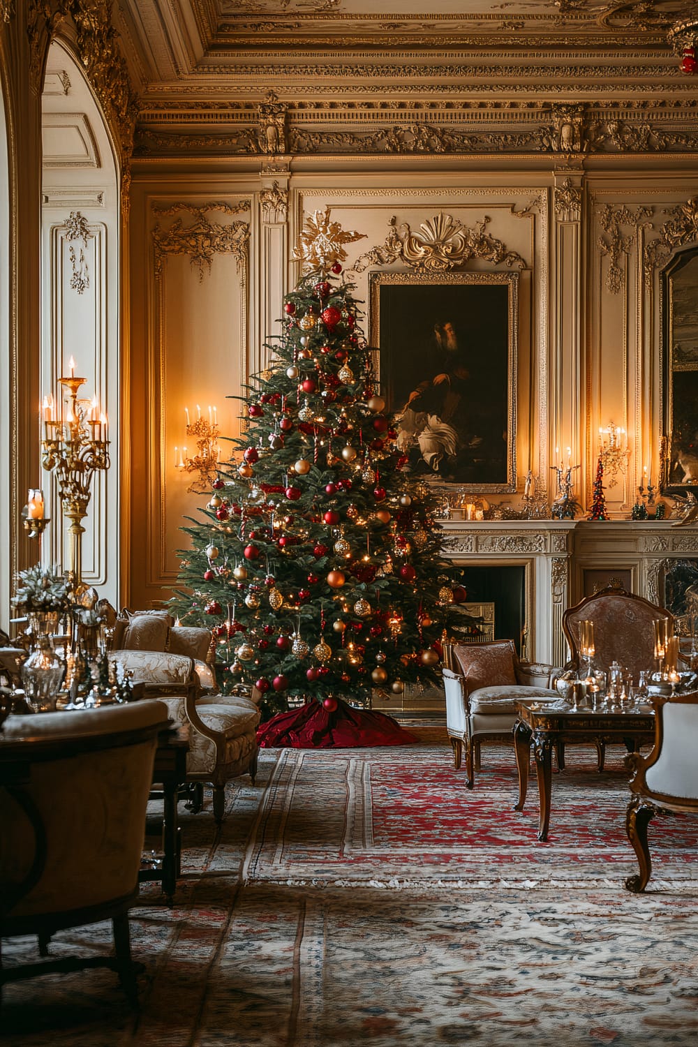 A Victorian drawing room with a grand vintage Christmas tree adorned with intricate gold and red ornaments. The tree stands next to an ornate, decorated fireplace. The room features antique furniture in rich fabrics, including armchairs and a sofa, and is illuminated by warm candlelight from several candelabras and wall sconces. A large, decorative rug covers the floor, complementing the room's opulent decor.